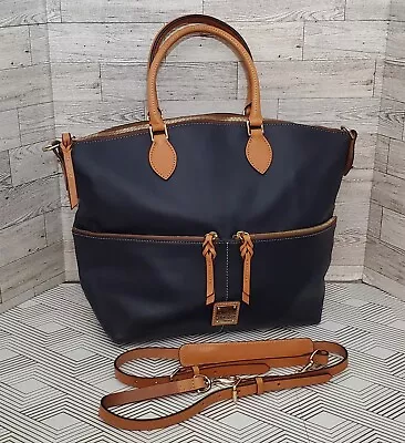 Dooney & Bourke Dillen Large Leather Double Pocket Satchel Navy Blue Tan Tote • $126