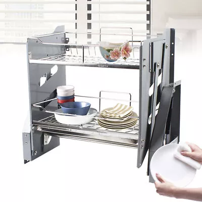 Stainless 2 Tier Pull Down Storage Shelf Dish Organizer Kitchen Dish Drying Rack • $194.75