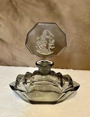 VTG Czech Art Deco Intaglio Hand Cut Glass Smokey Gray Beveled Perfume Bottle • $59