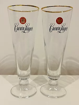 2 X Crown Flutes Lager Beer Glass Stemmed Large Logo Gold Rim 300ml • $33.65