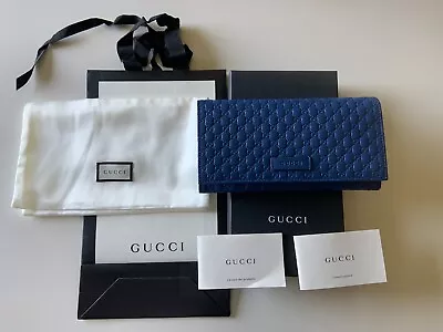 NEW Gucci 449396 Micro GG Buccissima Leather Continental Flap Wallet BLUE • $495