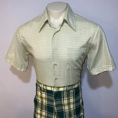 Vtg 60s 70s KMART Button Dress Shirt GREEN Plaid Big Collar Disco Mod MENS 16.5 • $44.42