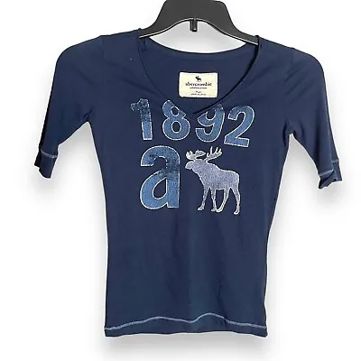 Y2K Abercrombie And Fitch Top Jrs Large Navy Blue Moose Graphic Short Sleeve • $10