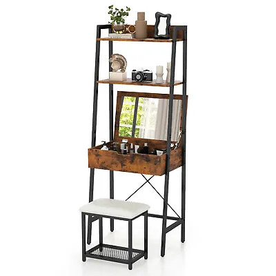Ladder Vanity Desk Set W/ Mirror & Storage Compartments & Stool & Makeup Table • $159.99