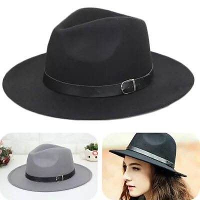 Vintage Women Men Wool Felt Trilby Fedora Jazz Wide Brim Hat Cap Gangster Hot • £8.27