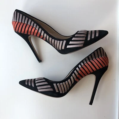 £35 • Buy Reiss Black Suede Court Shoes With Coral And Taupe Satin Detail Size 40