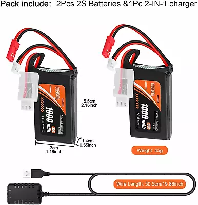 $0.01 • Buy 2S 1000mAh 7.4V Lipo Battery SCX24 PH2.0 & JST Plug 35C+2in1 USB Charger 1/10 RC
