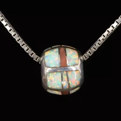 VTG Sterling Silver SOUTHWESTERN Opal Inlay Pendant 17  Box Chain Necklace - 5g • $11.50