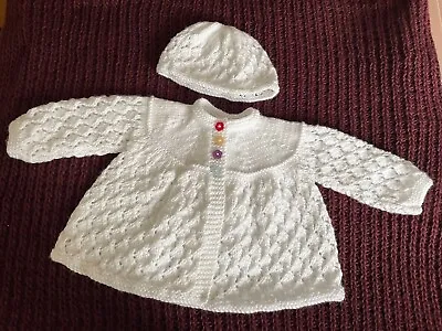 HAND KNITTED BABY RETRO CARDIGAN MATINEE JACKET & HAT 18 Ins CHEST BABY CLOTHES. • £5.95