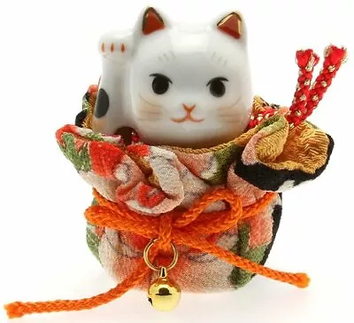 Japanese Porcelain Maneki Neko Lucky Cat With Kimono Pouch Figure Made In Japan • $22.95