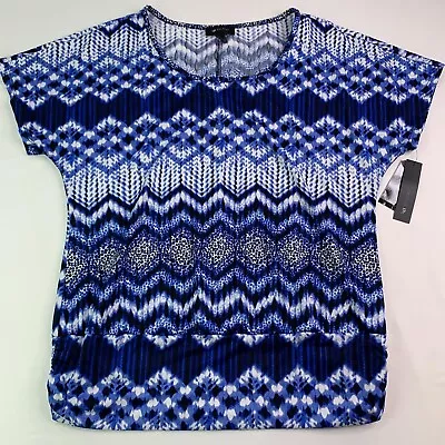 NWT AB Studio Womens Geometric Blue & White Blouse Top Size Medium • $27