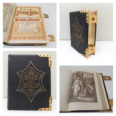 C1900 Superb ILLUSTRATED HOLY BIBLE Fine Leather Binding BRASS CLASPS Plates • £195