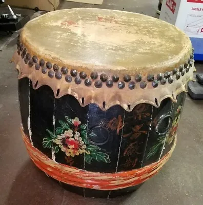 $270 • Buy Antique 19th Century Chinese Wood Barrel Drum  Animal Skin Hide 25x25 FANTASTIC