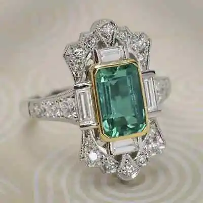 Vintage Art Deco Style 3.45Ct Emerald & Lab-Created Diamond 925 Silver Ring • $75.95