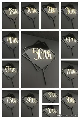 Birthday Cake Topper Black Gold Acrylic 18 20 21 30 40 50 60 65 70 80 85 90 95 • £4.99