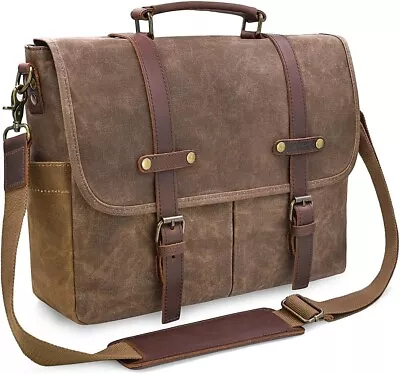 Mens Messenger Bag 15.6 Inch Waterproof Vintage Genuine Leather Waxed Canvas • $54