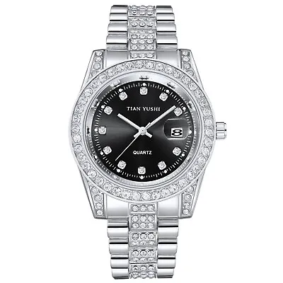 Hot Men Hip Hop Iced Black Dial Gold PT Migos Bling BIG Simulated Diamond Watch • £28.79