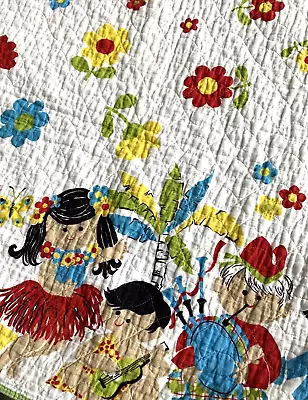 Vintage Quilt Blanket FLOWER POWER Hawaiian TIKI Scotish Kids Border ~ 80 X 64 • $44.99