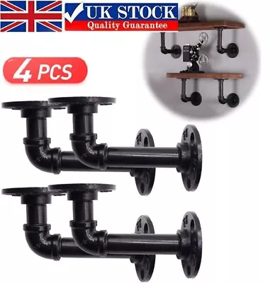 4X Pipe Shelf Brackets Industrial Iron Rustic Wall Floating Shelves Storage Unit • £10.79