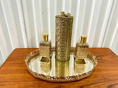 Ornate Vintage Ormolu Gold Gilt Vanity Set Of 3 Glass Perfume Bottles & Tray • $58.99