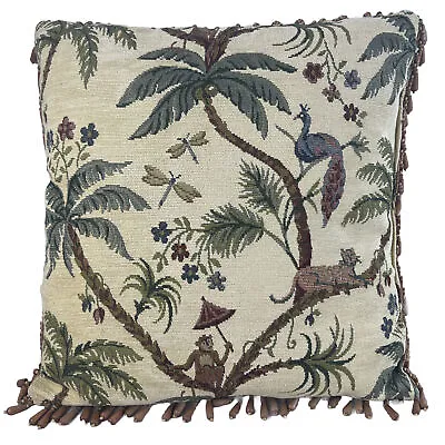 VTG Tropical Tapestry Throw Pillow Monkey Cheetah Peacock Palm Tree Beaded Beige • $73.97