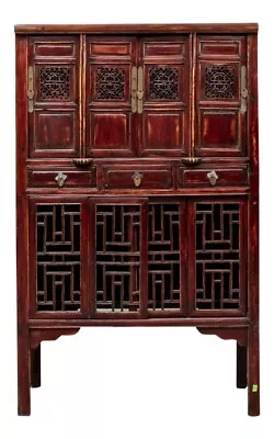 19th Century Chinese Kitchen Cabinet Pantry Or Cupboard With Fretwork Motif • $2650