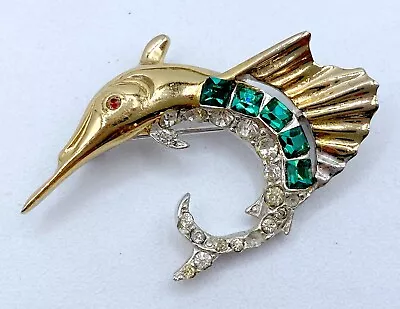 D5-1480 Vintage Brooch Silver Pin 1.5  Rhinestone Sword Fish Animal • $4.99