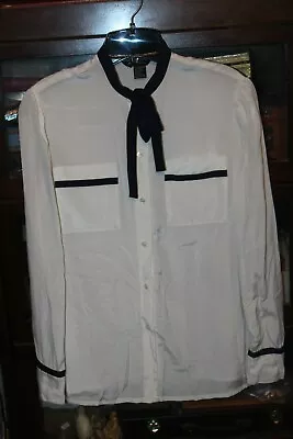 Classic Lanvin Vintage Chic Ivory Blouse W Navy Accents & Ribbon Tie -Sz. Sm/Med • $135