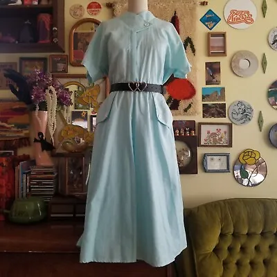 Vintage 80s Blue And Yellow Waitress Style Kenny Classics Cotton Dress 12 • $21