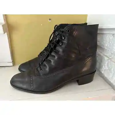Vintage Nine West Finigan Lace Up Granny Boots Black Leather Sz 9N • $45