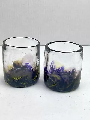 Set Of 2 Hand Blown Clear Purple Multicolored Bubble Rock Wine Glasses • $25