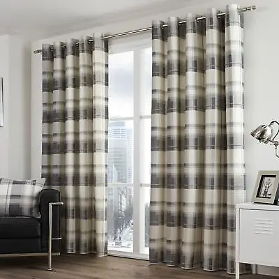 Balmoral Lined Eyelet Curtains Tartan Check Ready Made Ring Top Curtain Pairs • £32