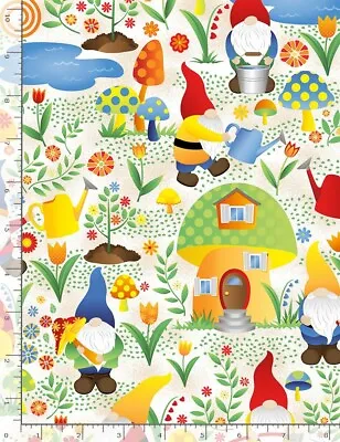 Garden Fabric - Gnome Worry Be Happy Mushroom White  - Timeless Treasures YARD • £10.59