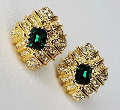 Vintage Joan Rivers Earrings Gold Tone Emerald Green Stone Rhinestones Signed • $125