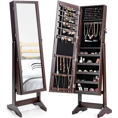 Jewelry Cabinet Stand Mirror Armoire Lockable Organizer Large Storage Box Brown • $109.99