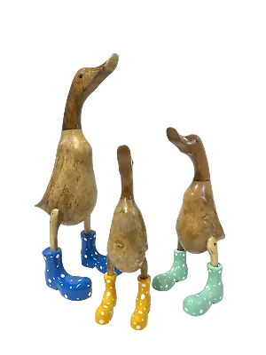 £18.95 • Buy Hand Carved Duck Ornament With Spotty Wellies / Boots Colours Green Yellow Blue