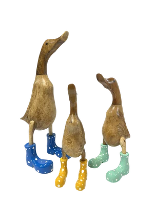 £18.95 • Buy Hand Carved Duck Ornament With Spotty Wellies / Boots Colours Green Yellow Blue
