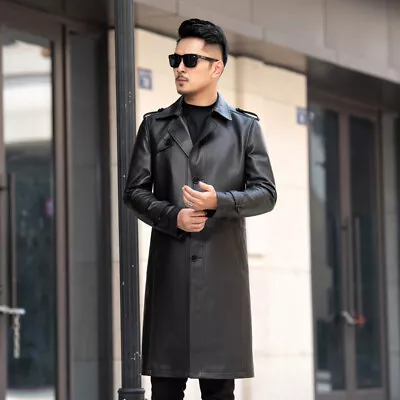 Windbreaker Mens Long Sheepskin Leather Coat Long Leather Coat Jacket Black Slim • $382.35