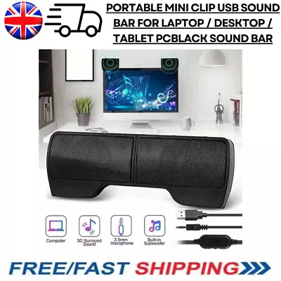 Portable Mini Clip USB Sound Bar For Laptop / Desktop / Tablet PCBlack Sound Bar • £11.99