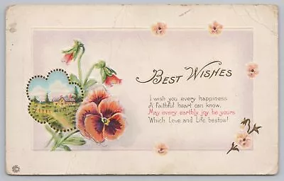 Stecher~539 E~Best Wishes~Orange & Brown Flowers~Farmhouse In Bkgd~Vintage PC • $3.30