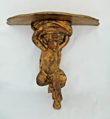 Vintage Italian Florentine Carved & Gilded Wood Cherub Wall Sconce Shelf  • $125.10