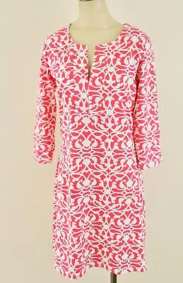 BARBARA GERWIT Sz Small Pink Salmon Print 3/4 Sleeve Nylon Stretch Dress EXC • $28.79