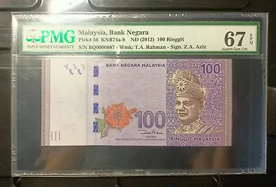 Malaysia Banknote Rm100 Pmg67epq Low Number Bq0000087 Zeti Gabenor • $118