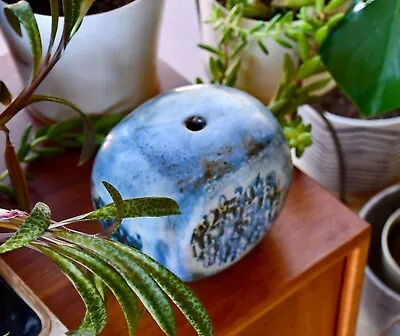 Mid Century Modern Squared Off Round Ceramic Pottery Large Blue Bud Vase Pot • $135