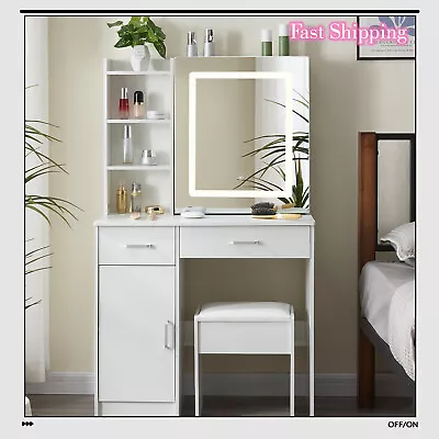 With Stool Dressing Table Lighted Mirror & 8 Shelves Vanity TableMakeup Desk • £144.76
