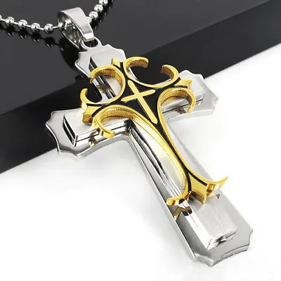 £3.99 • Buy Mens Women Chain Necklace Cross Stainless Steel Pendant Crucifix Jesus Gift UK