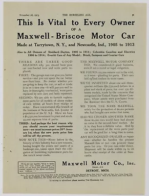 1913 Maxwell Motor Ad: Maxwell Briscoe Auto - Tarrytown New York Newcastle IN • $17.76