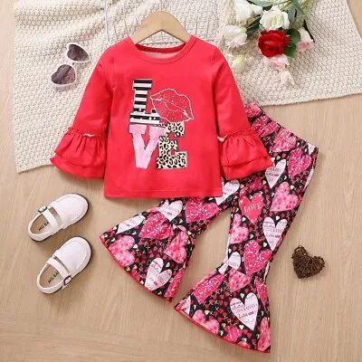 $10.39 • Buy NEW Valentine's Day Love Lips Bell Bottoms Girls Outfit Set
