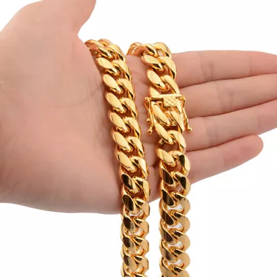 Mens Miami Cuban Link Bracelet Or Chain Necklace 18k Gold Plated Stainless Steel • $13.77