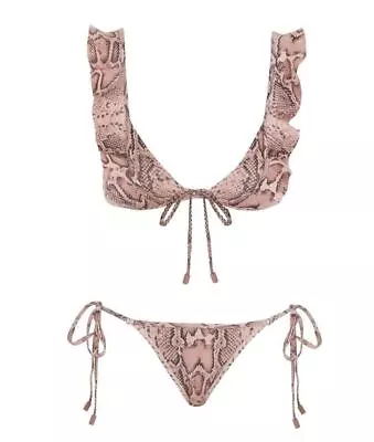 Zimmermann Moonshine Waterfall Frill Bikini | Pink Snake Print Tie Bottoms • $149.99